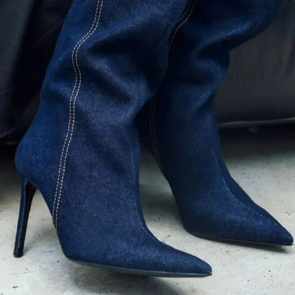ZARA HEELED DENIM KNEE HIGH BOOTS NWT - Picture 9 of 11